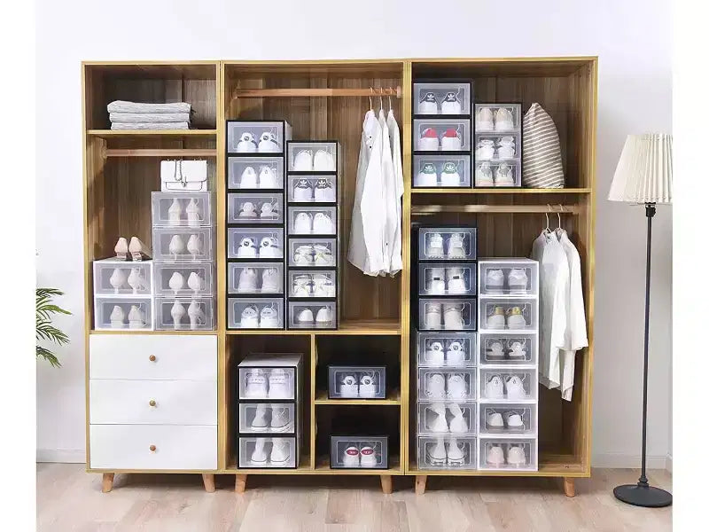 Boîte à chaussures MPM 12 pièces, organisateur de chaussures empilable en plastique transparent, étagère à chaussures, boîte de rangement pour baskets avec couvercle, pour hommes et femmes S