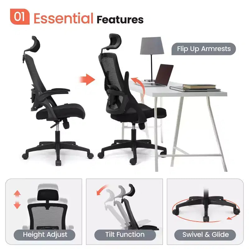Chaise de bureau ergonomique pivotante NEO avec appui-tête, support lombaire et hauteur réglable