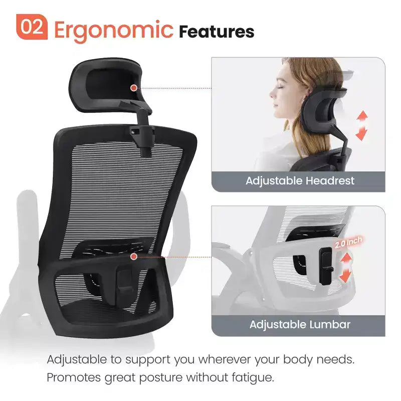 Chaise de bureau ergonomique pivotante NEO avec appui-tête, support lombaire et hauteur réglable