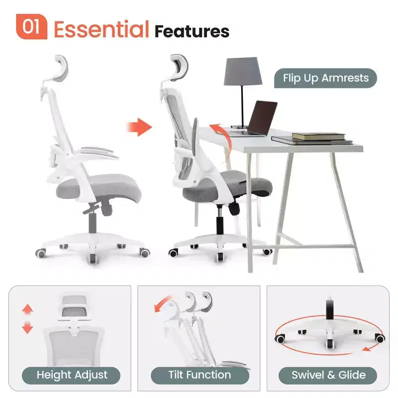 Chaise de bureau ergonomique pivotante NEO avec appui-tête, support lombaire et hauteur réglable