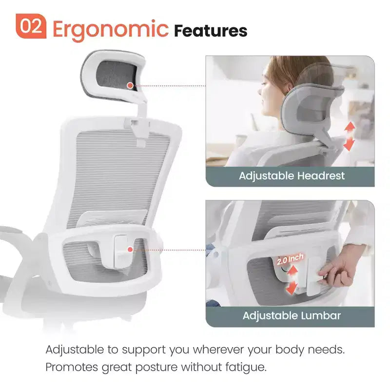 Chaise de bureau ergonomique pivotante NEO avec appui-tête, support lombaire et hauteur réglable
