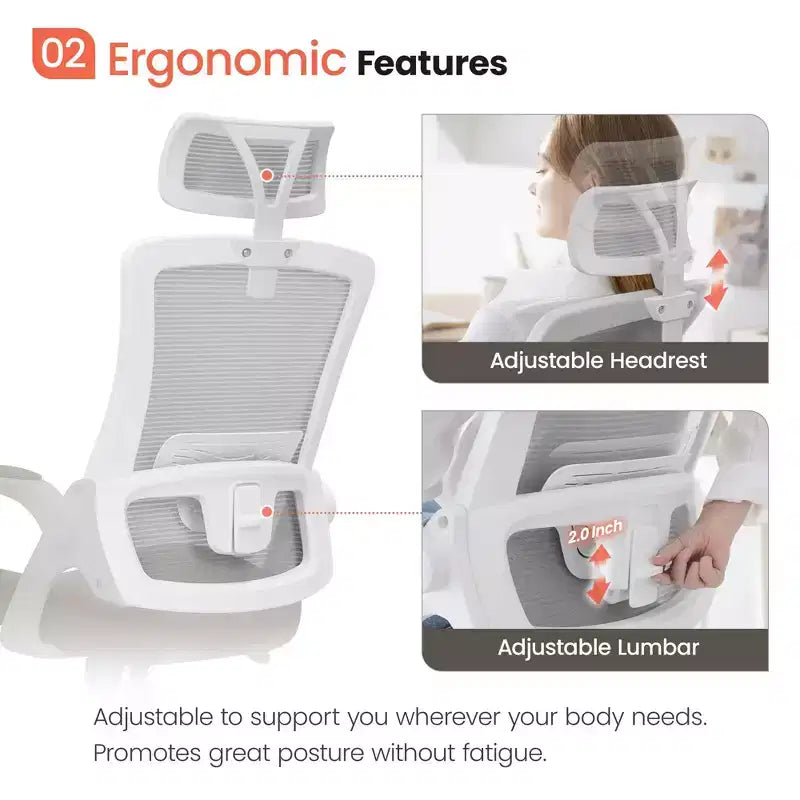 Chaise de bureau ergonomique pivotante NEO avec appui-tête, support lombaire et hauteur réglable