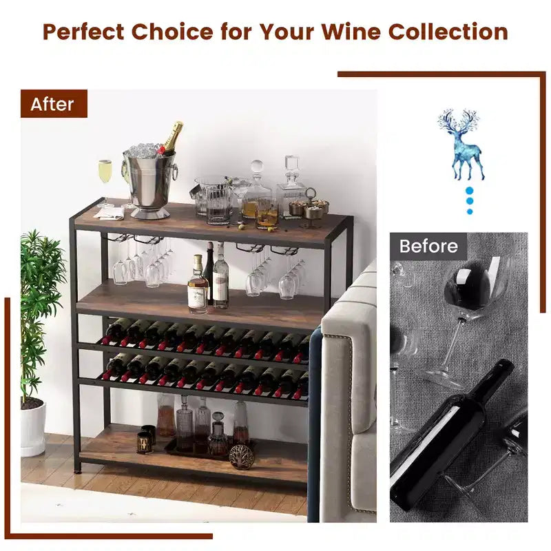 Costway Meuble de Bar à Vin Rustique à 5 Niveaux, Étagère à Vin pour 22 Bouteilles, Meuble Autonome avec Porte-Verres