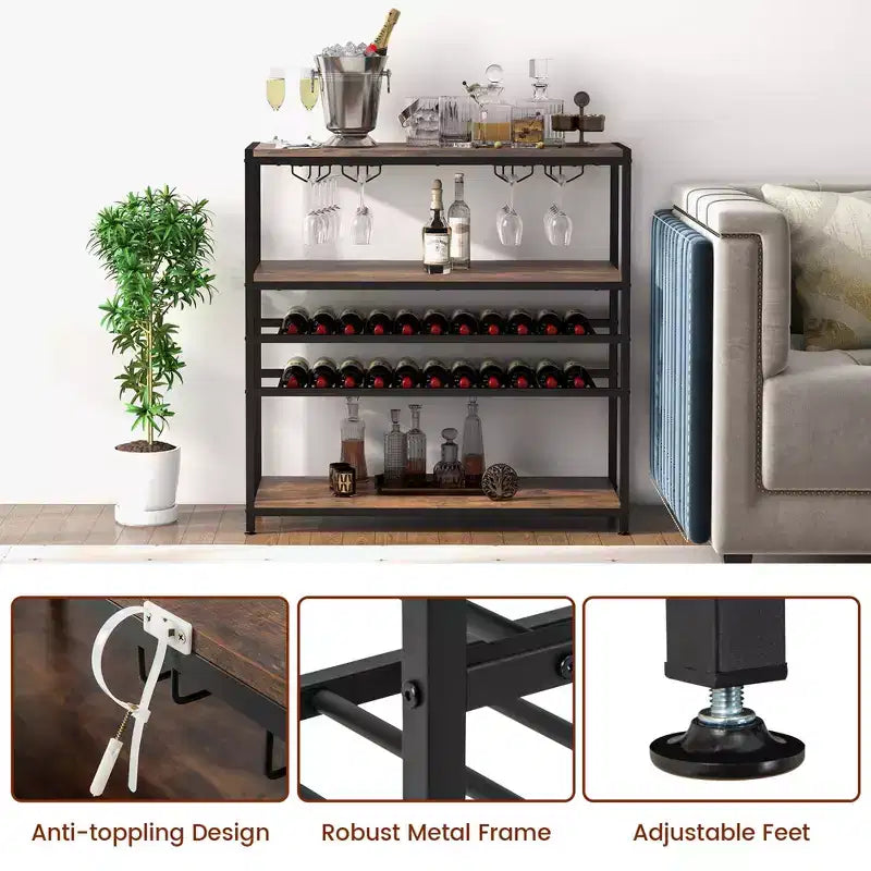 Costway Meuble de Bar à Vin Rustique à 5 Niveaux, Étagère à Vin pour 22 Bouteilles, Meuble Autonome avec Porte-Verres