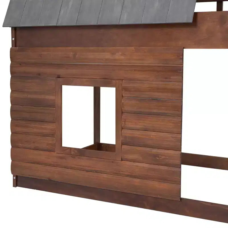 Lit superposé en bois Twin sur Twin avec toit, échelle et 2 fenêtres, chêne et gris fumé - ModernLuxe