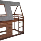 Lit superposé en bois Twin sur Twin avec toit, échelle et 2 fenêtres, chêne et gris fumé - ModernLuxe