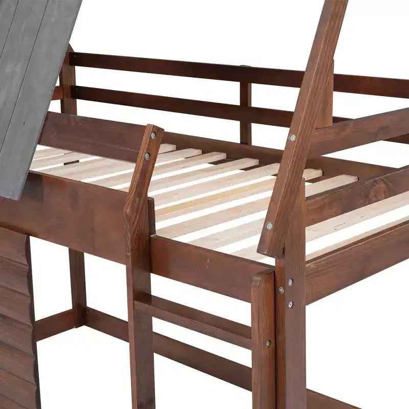 Lit superposé en bois Twin sur Twin avec toit, échelle et 2 fenêtres, chêne et gris fumé - ModernLuxe