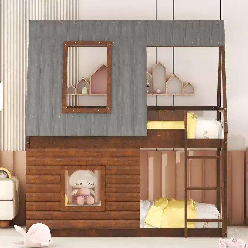 Lit superposé en bois Twin sur Twin avec toit, échelle et 2 fenêtres, chêne et gris fumé - ModernLuxe