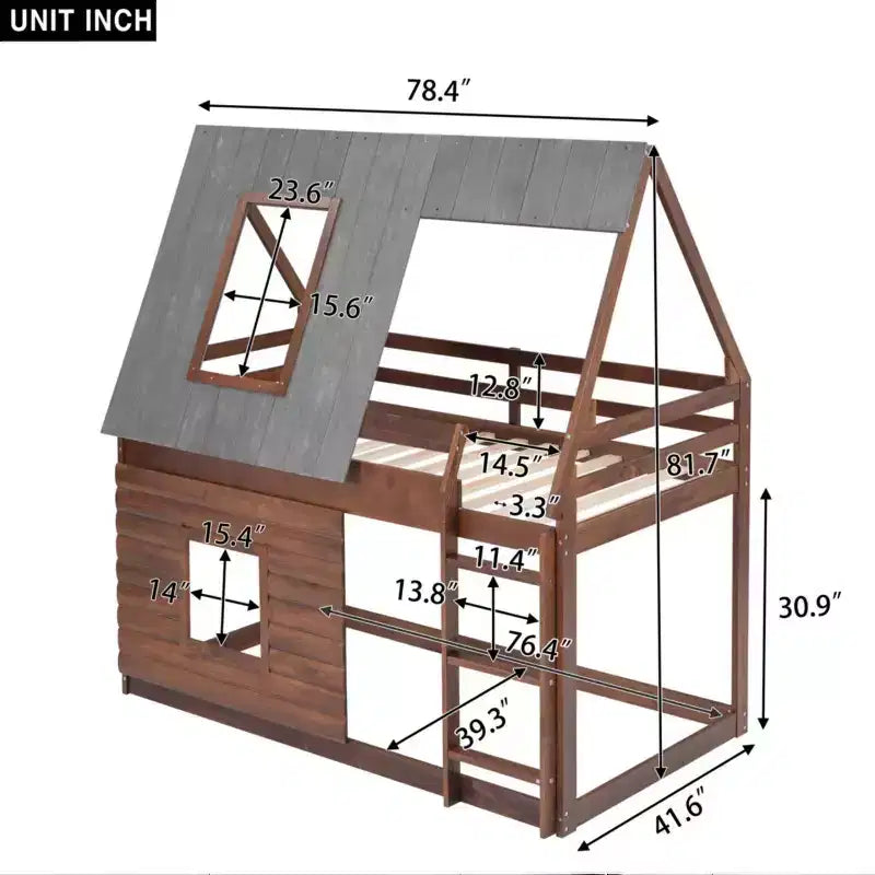 Lit superposé en bois Twin sur Twin avec toit, échelle et 2 fenêtres, chêne et gris fumé - ModernLuxe