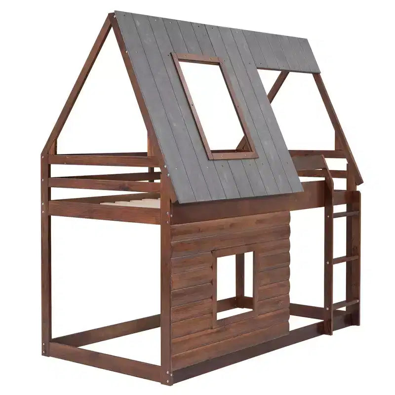 Lit superposé en bois Twin sur Twin avec toit, échelle et 2 fenêtres, chêne et gris fumé - ModernLuxe