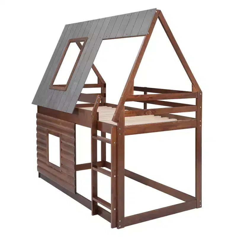 Lit superposé en bois Twin sur Twin avec toit, échelle et 2 fenêtres, chêne et gris fumé - ModernLuxe