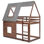 Lit superposé en bois Twin sur Twin avec toit, échelle et 2 fenêtres, chêne et gris fumé - ModernLuxe