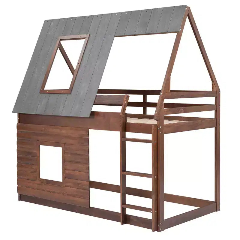 Lit superposé en bois Twin sur Twin avec toit, échelle et 2 fenêtres, chêne et gris fumé - ModernLuxe