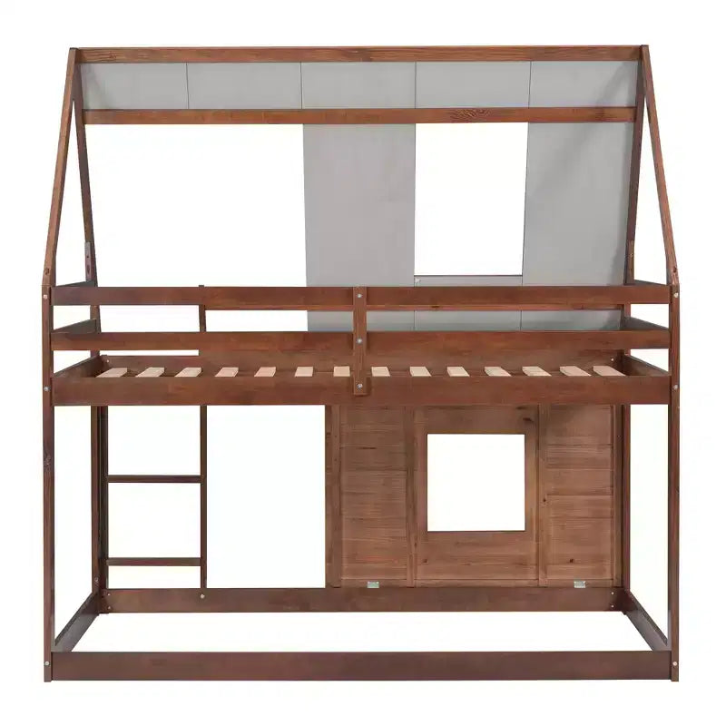 Lit superposé en bois Twin sur Twin avec toit, échelle et 2 fenêtres, chêne et gris fumé - ModernLuxe