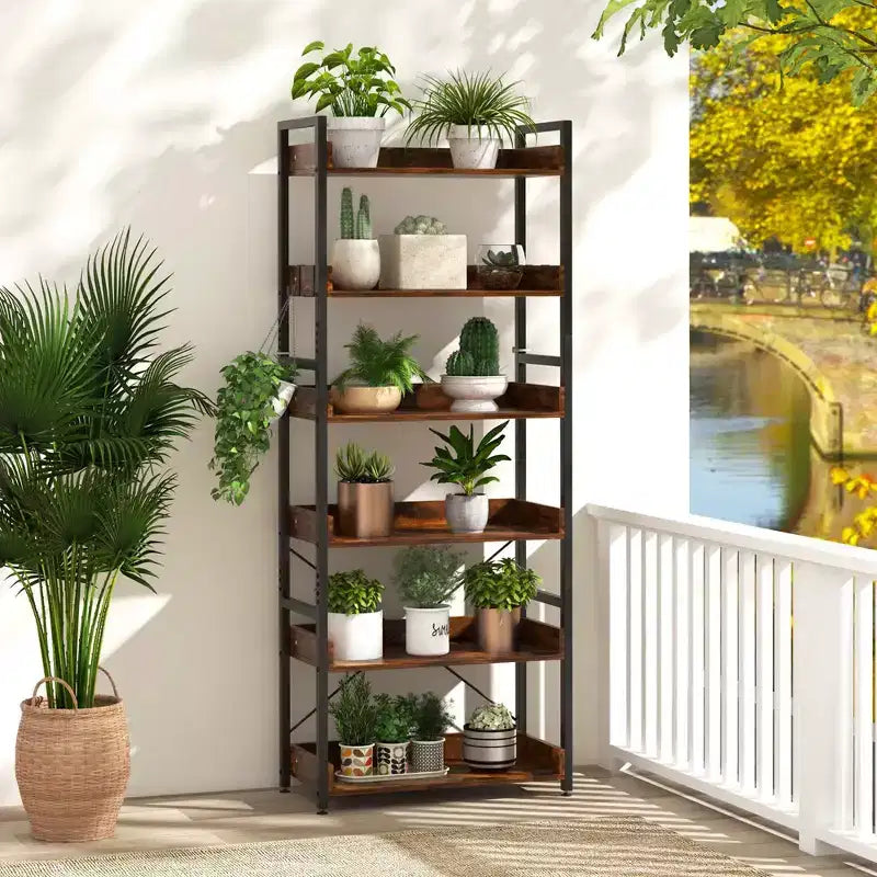 Étagère à 6 niveaux Costway avec étagères ouvertes, meuble de rangement, cadre métallique avec 4 crochets, style rustique