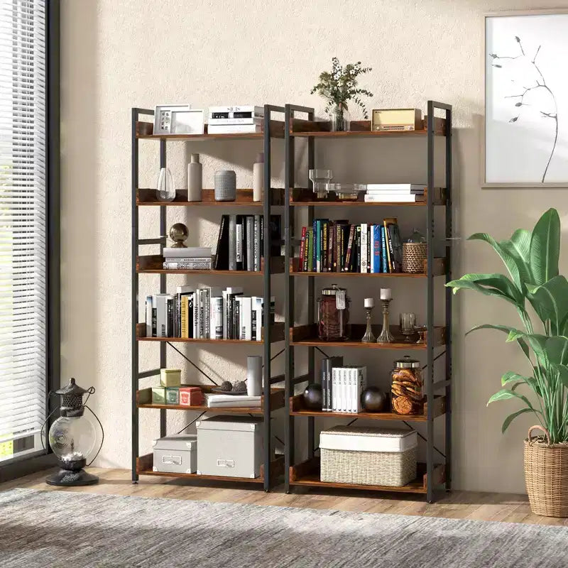 Étagère à 6 niveaux Costway avec étagères ouvertes, meuble de rangement, cadre métallique avec 4 crochets, style rustique