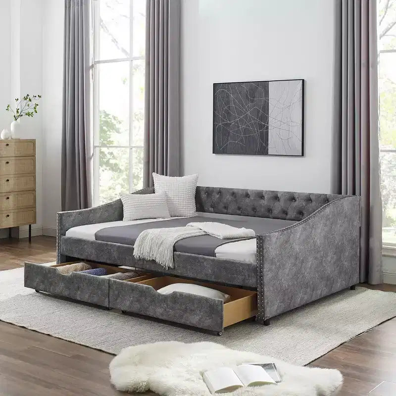 Lit de repos double/grand format, lit de repos-canapé capitonné avec tiroirs-ModernLuxe