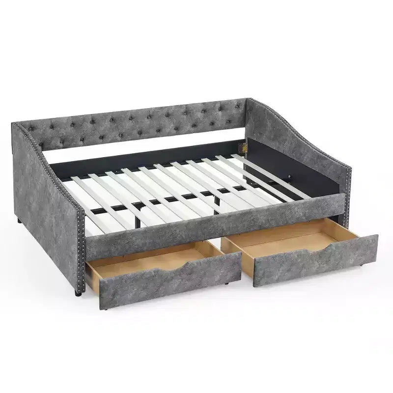 Lit de repos double/grand format, lit de repos-canapé capitonné avec tiroirs-ModernLuxe