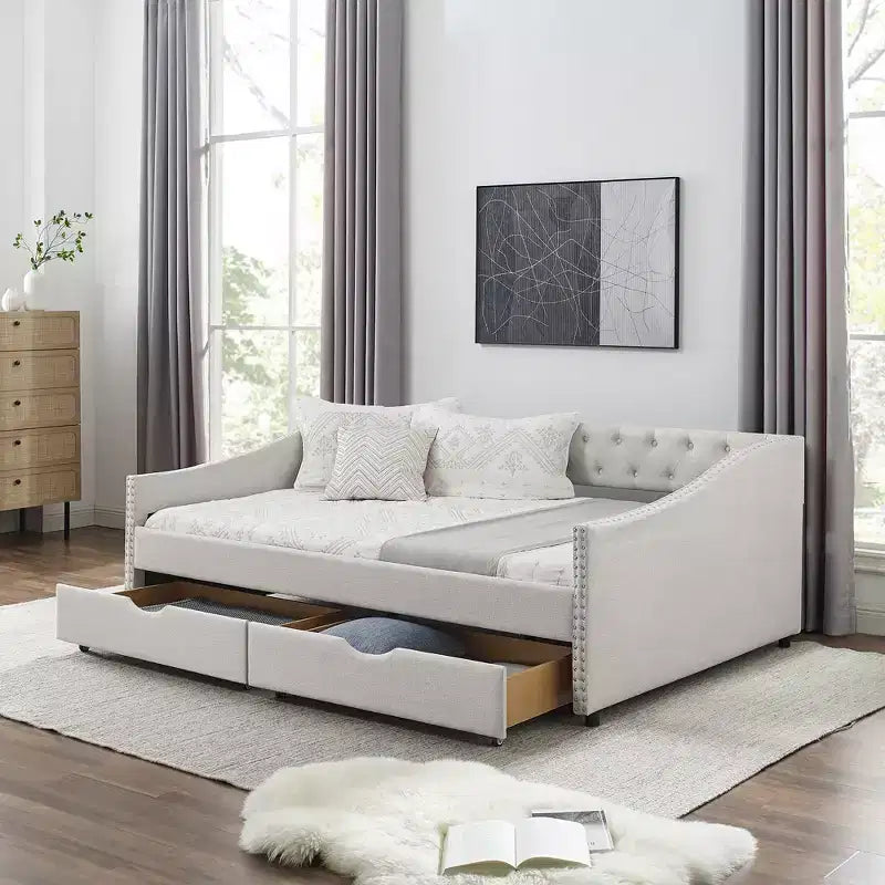 Lit de repos double/grand format, lit de repos-canapé capitonné avec tiroirs-ModernLuxe