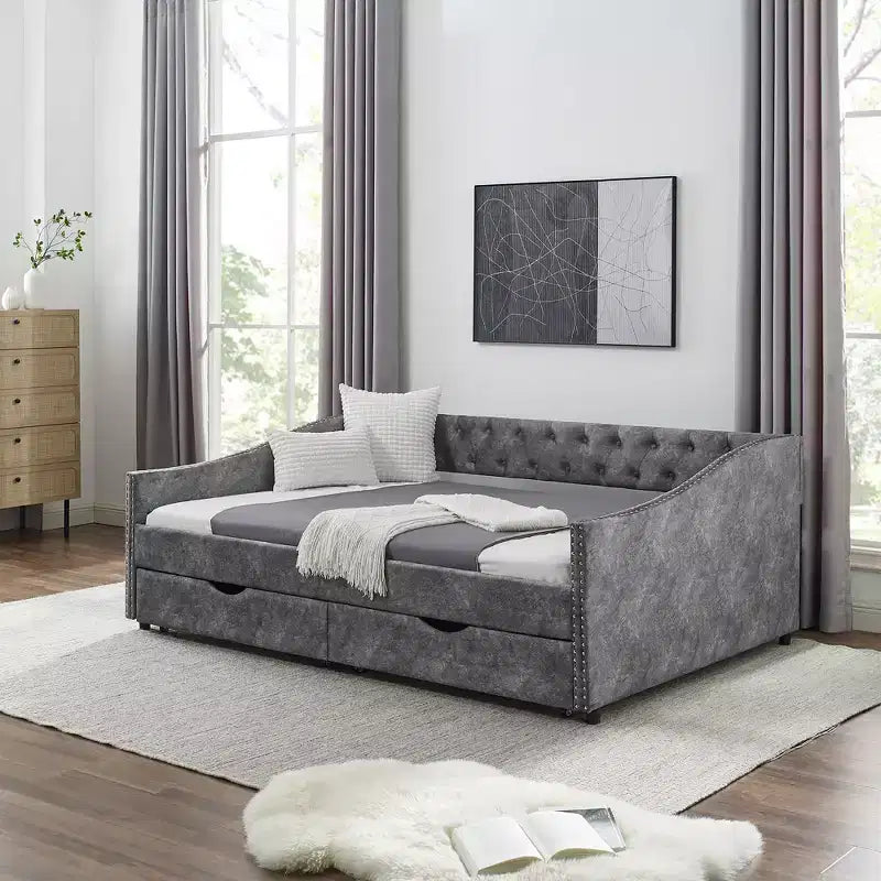 Lit de repos double/grand format, lit de repos-canapé capitonné avec tiroirs-ModernLuxe