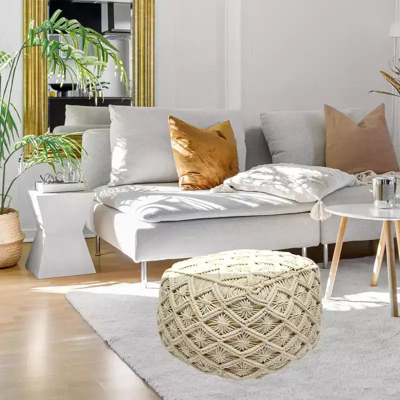 Northlight 18 Pouf carré ottoman beige fait main en macramé de coton naturel