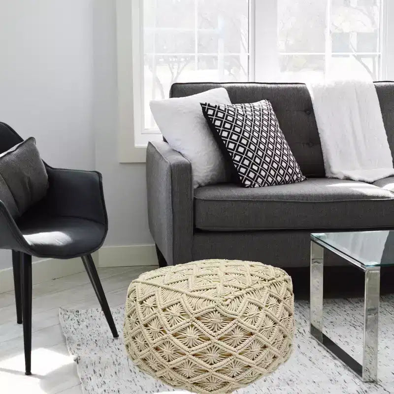 Northlight 18 Pouf carré ottoman beige fait main en macramé de coton naturel