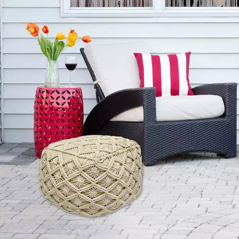 Northlight 18 Pouf carré ottoman beige fait main en macramé de coton naturel