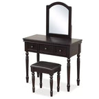 Costway Table de Maquillage Coiffeuse Tabouret Rembourré 3 Tiroirs Grand Miroir Blanc/Noyer