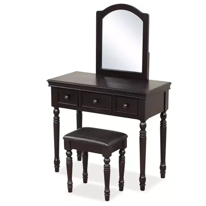 Costway Table de Maquillage Coiffeuse Tabouret Rembourré 3 Tiroirs Grand Miroir Blanc/Noyer