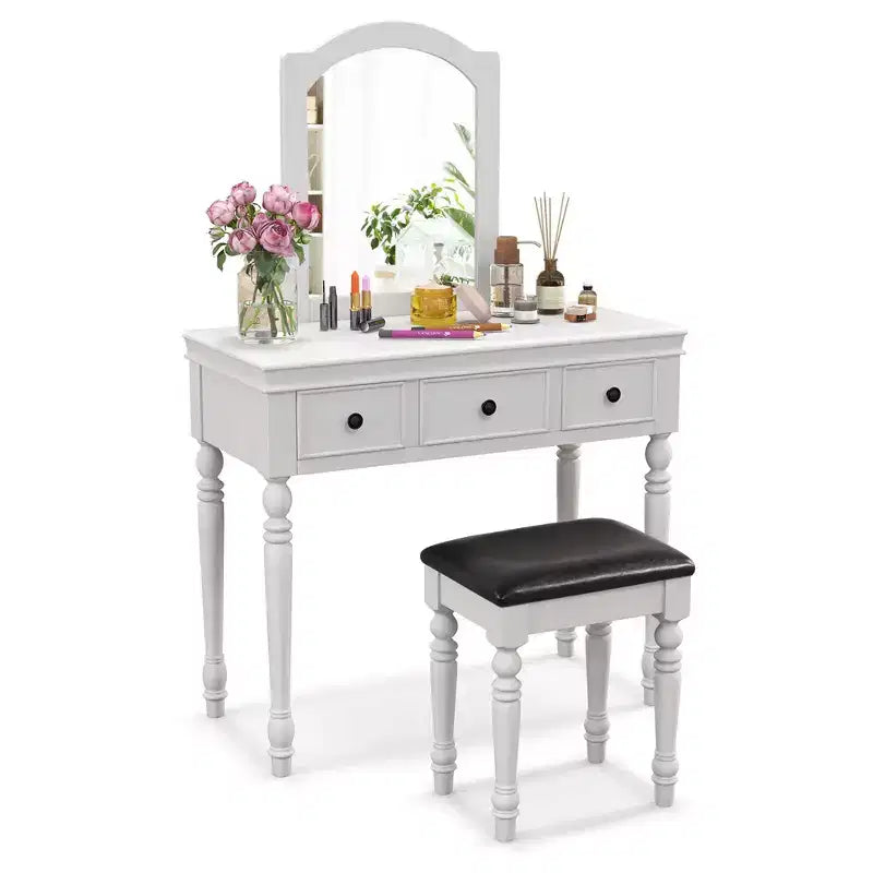 Costway Table de Maquillage Coiffeuse Tabouret Rembourré 3 Tiroirs Grand Miroir Blanc/Noyer