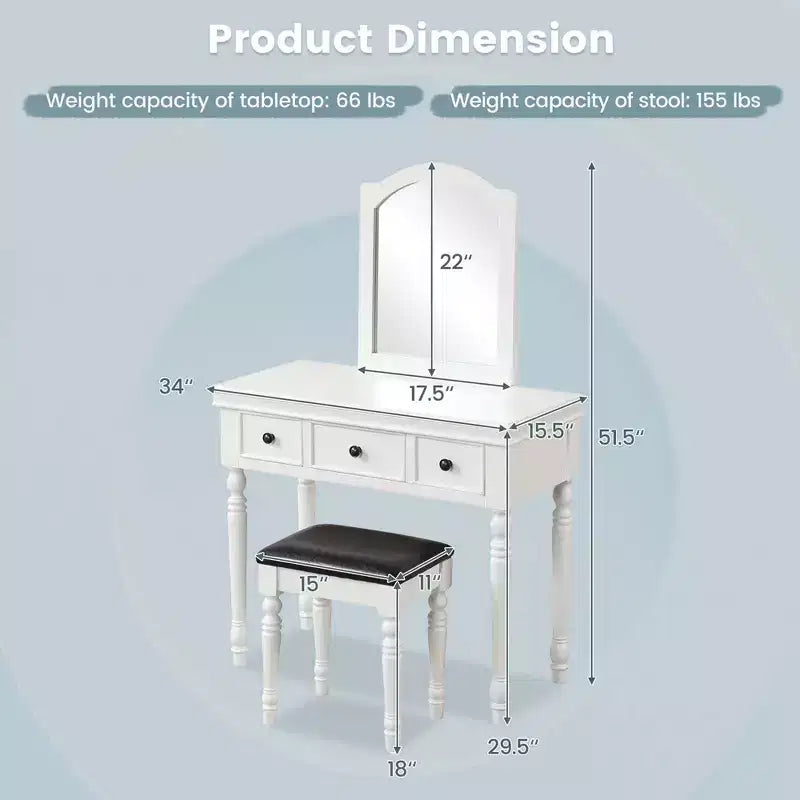 Costway Table de Maquillage Coiffeuse Tabouret Rembourré 3 Tiroirs Grand Miroir Blanc/Noyer