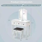 Costway Table de Maquillage Coiffeuse Tabouret Rembourré 3 Tiroirs Grand Miroir Blanc/Noyer