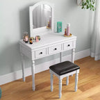 Costway Table de Maquillage Coiffeuse Tabouret Rembourré 3 Tiroirs Grand Miroir Blanc/Noyer