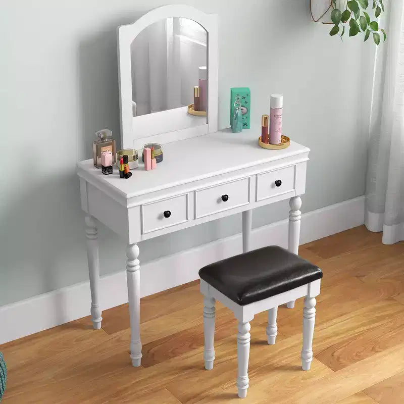 Costway Table de Maquillage Coiffeuse Tabouret Rembourré 3 Tiroirs Grand Miroir Blanc/Noyer
