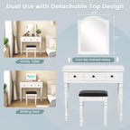 Costway Table de Maquillage Coiffeuse Tabouret Rembourré 3 Tiroirs Grand Miroir Blanc/Noyer