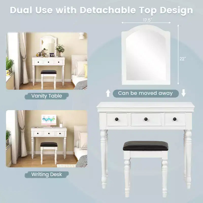 Costway Table de Maquillage Coiffeuse Tabouret Rembourré 3 Tiroirs Grand Miroir Blanc/Noyer