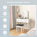 Costway Table de Maquillage Coiffeuse Tabouret Rembourré 3 Tiroirs Grand Miroir Blanc/Noyer