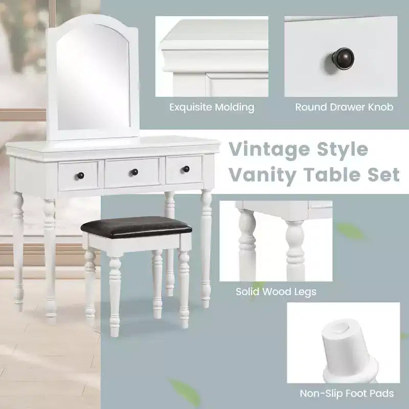 Costway Table de Maquillage Coiffeuse Tabouret Rembourré 3 Tiroirs Grand Miroir Blanc/Noyer