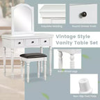 Costway Table de Maquillage Coiffeuse Tabouret Rembourré 3 Tiroirs Grand Miroir Blanc/Noyer