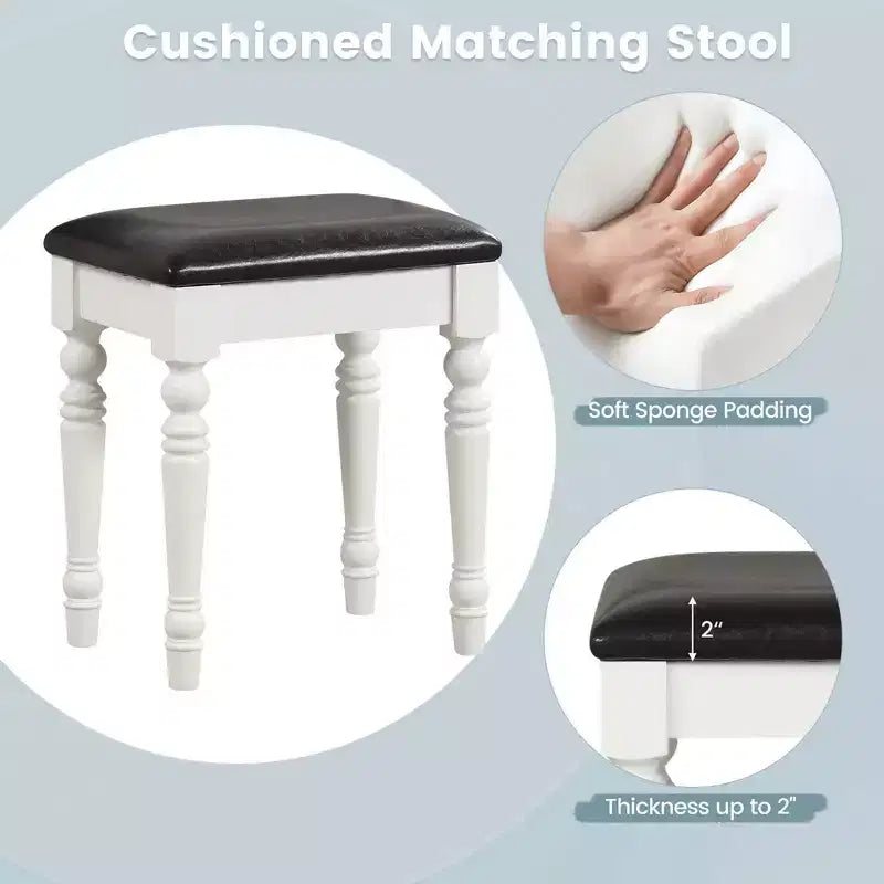 Costway Table de Maquillage Coiffeuse Tabouret Rembourré 3 Tiroirs Grand Miroir Blanc/Noyer
