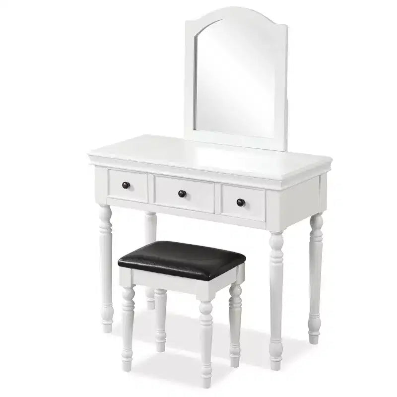 Costway Table de Maquillage Coiffeuse Tabouret Rembourré 3 Tiroirs Grand Miroir Blanc/Noyer