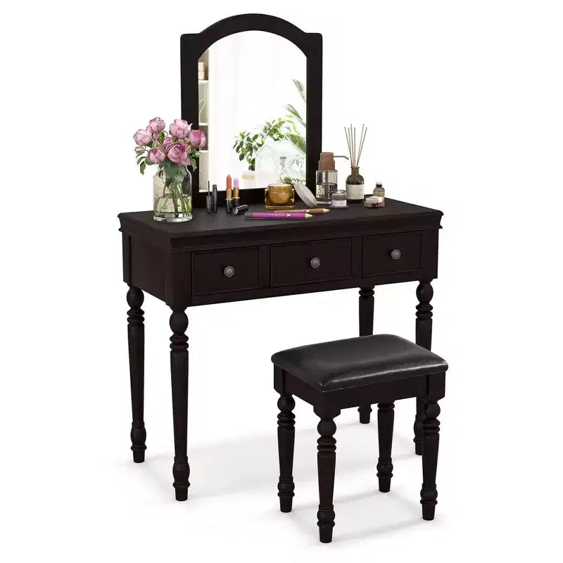 Costway Table de Maquillage Coiffeuse Tabouret Rembourré 3 Tiroirs Grand Miroir Blanc/Noyer