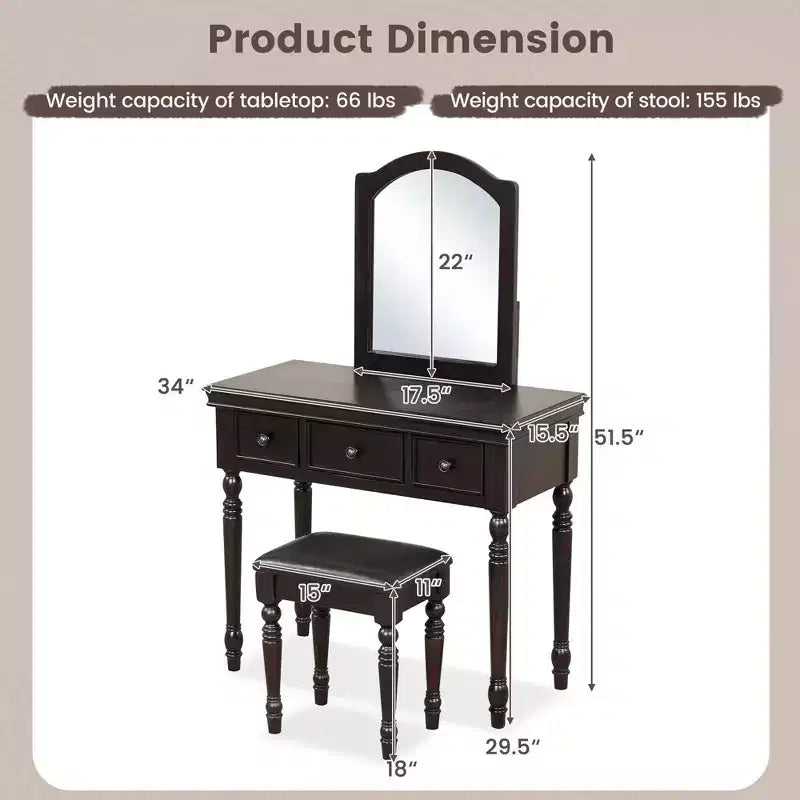 Costway Table de Maquillage Coiffeuse Tabouret Rembourré 3 Tiroirs Grand Miroir Blanc/Noyer