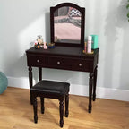 Costway Table de Maquillage Coiffeuse Tabouret Rembourré 3 Tiroirs Grand Miroir Blanc/Noyer