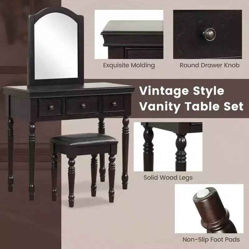 Costway Table de Maquillage Coiffeuse Tabouret Rembourré 3 Tiroirs Grand Miroir Blanc/Noyer