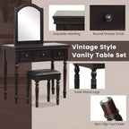 Costway Table de Maquillage Coiffeuse Tabouret Rembourré 3 Tiroirs Grand Miroir Blanc/Noyer