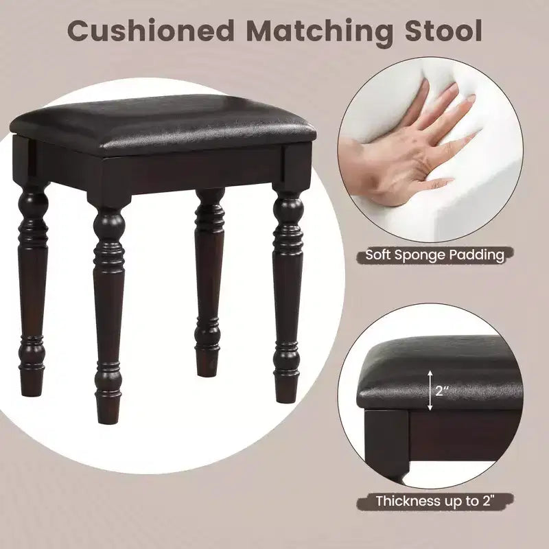 Costway Table de Maquillage Coiffeuse Tabouret Rembourré 3 Tiroirs Grand Miroir Blanc/Noyer