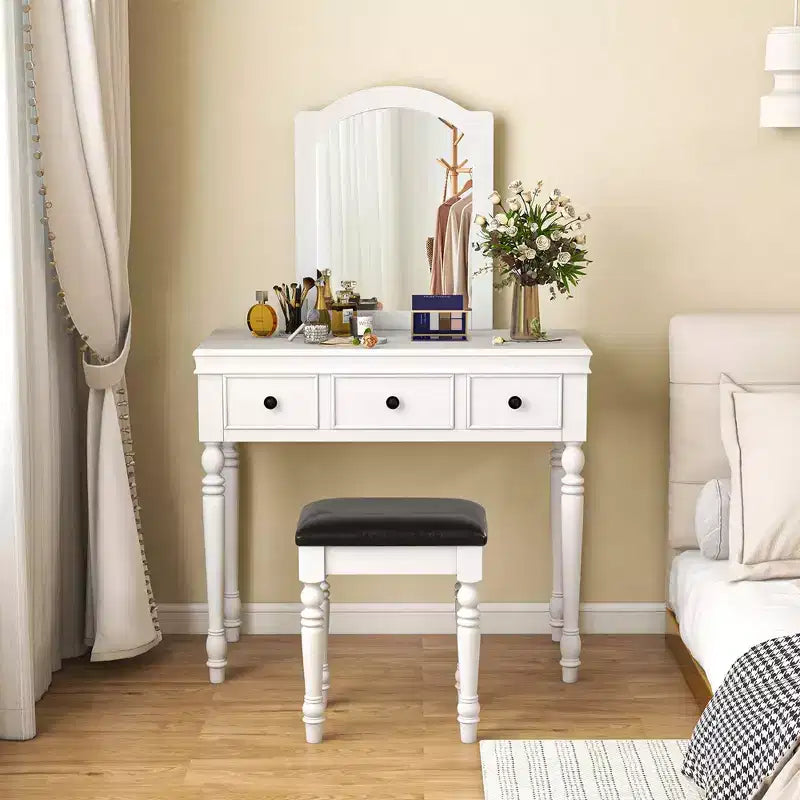Costway Table de Maquillage Coiffeuse Tabouret Rembourré 3 Tiroirs Grand Miroir Blanc/Noyer