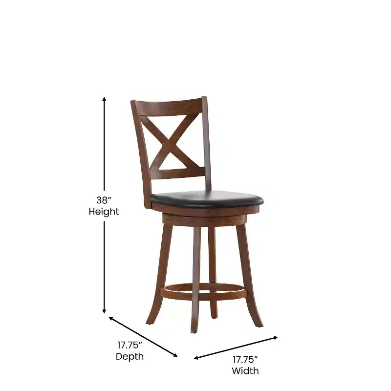 Tabouret de bar Emma et Oliver de style pub avec dossier en bois croisé et siège pivotant rembourré en similicuir