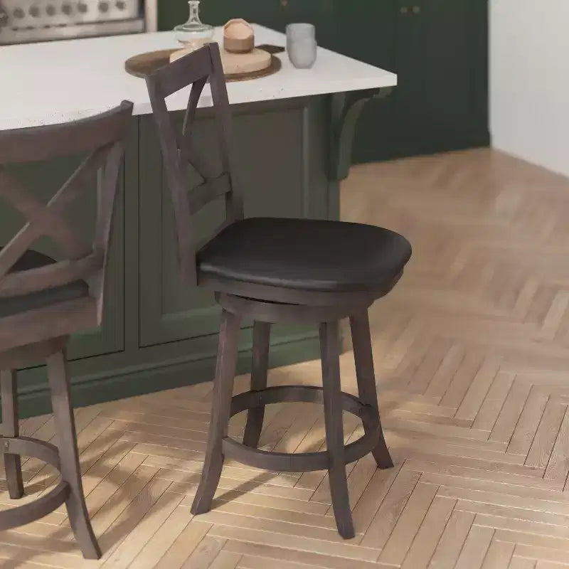 Tabouret de bar pivotant Felicity en bois de qualité commerciale, style classique à croisillons, avec siège rembourré et matelassé, de Flash Furniture